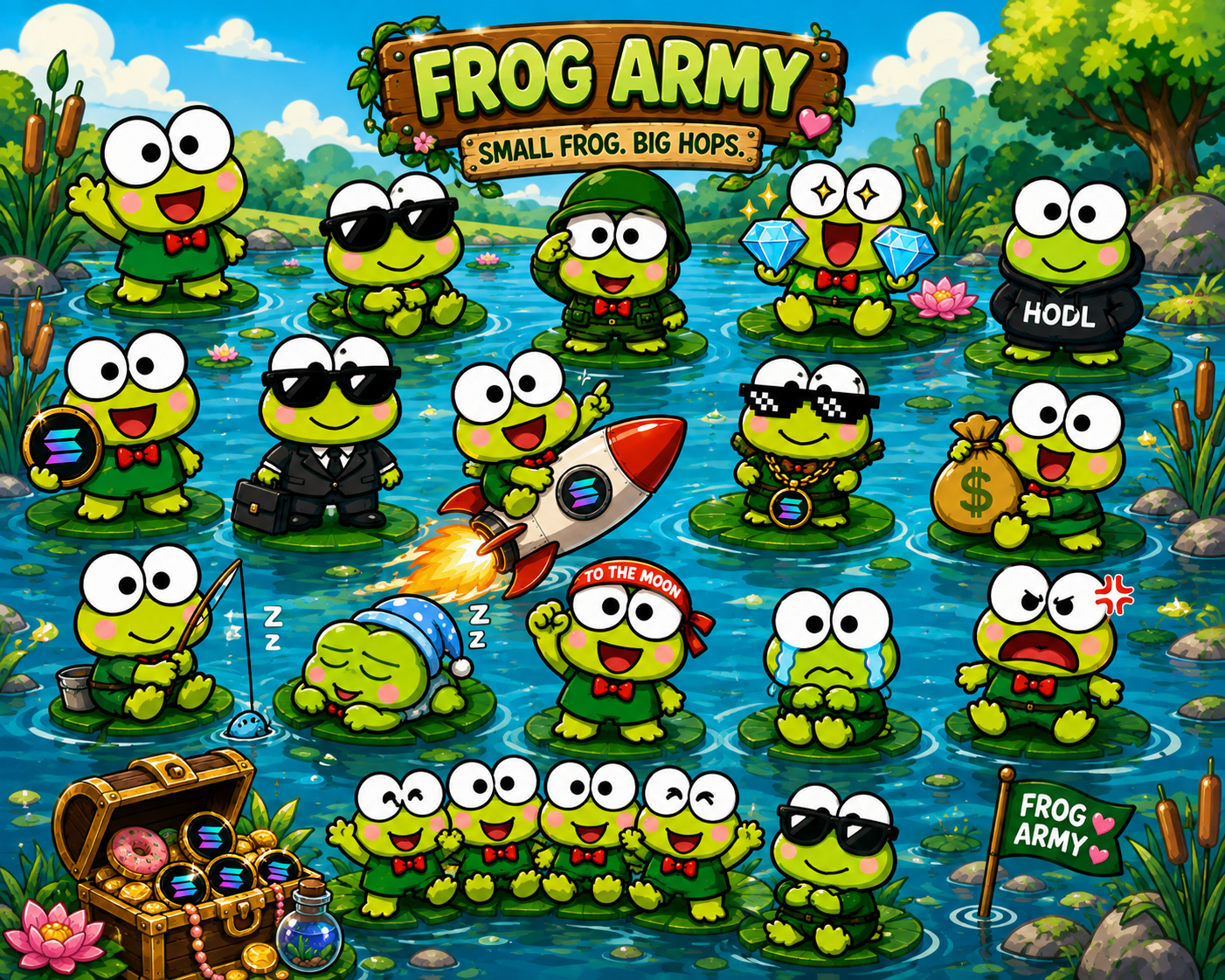 Frog army gathered in a colorful pond