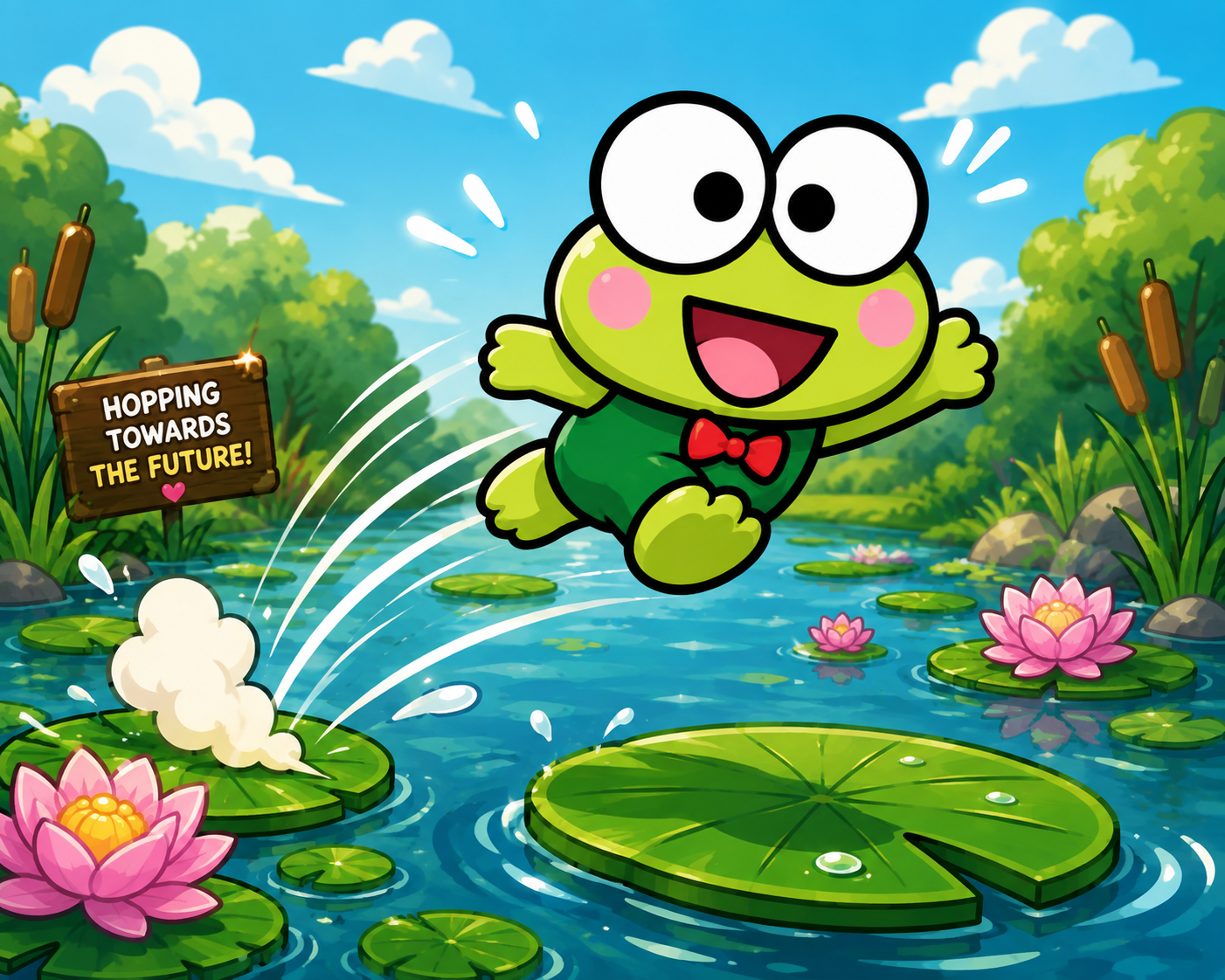 Cartoon frog in a pond